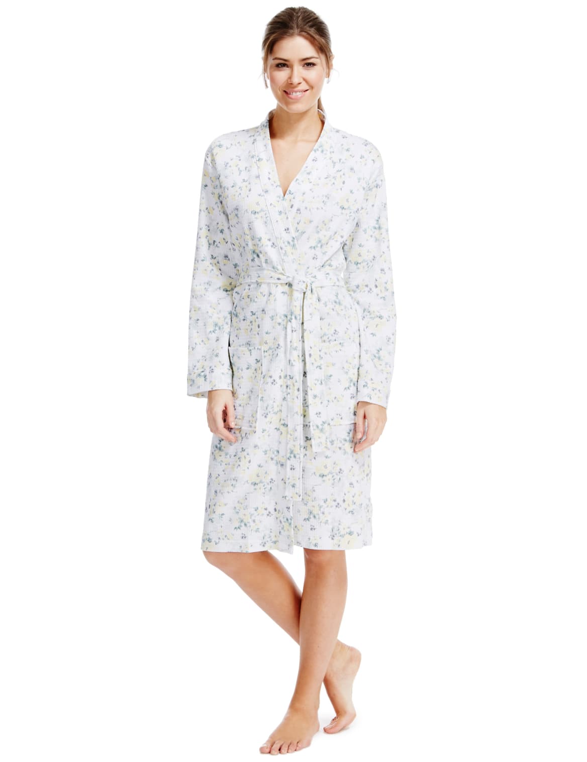 Pure Cotton Floral Waffle Dressing Gown Lemon Mix Taboo