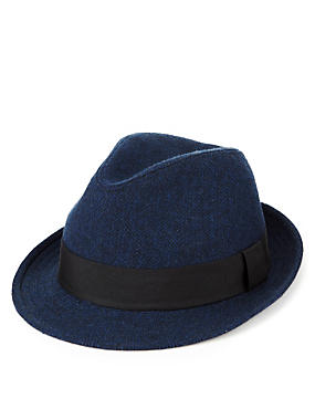 Navy Mix Wool Blend Herringbone Trilby Hat with Stormwear™