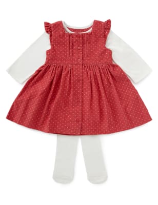 3 Piece Cotton Rich Spotted Corduroy Dress, Bodysuit & Tights Outfit