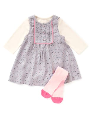 3 Piece Cotton Rich Corduroy Pinafore Dress, Bodysuit & Tights Outfit