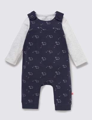 2 Piece Pure Cotton Bodysuit & Whale Print Dungaree Outfit