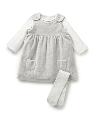 3 Piece Cotton Rich Velour Dress, Bodysuit & Tights Outfit