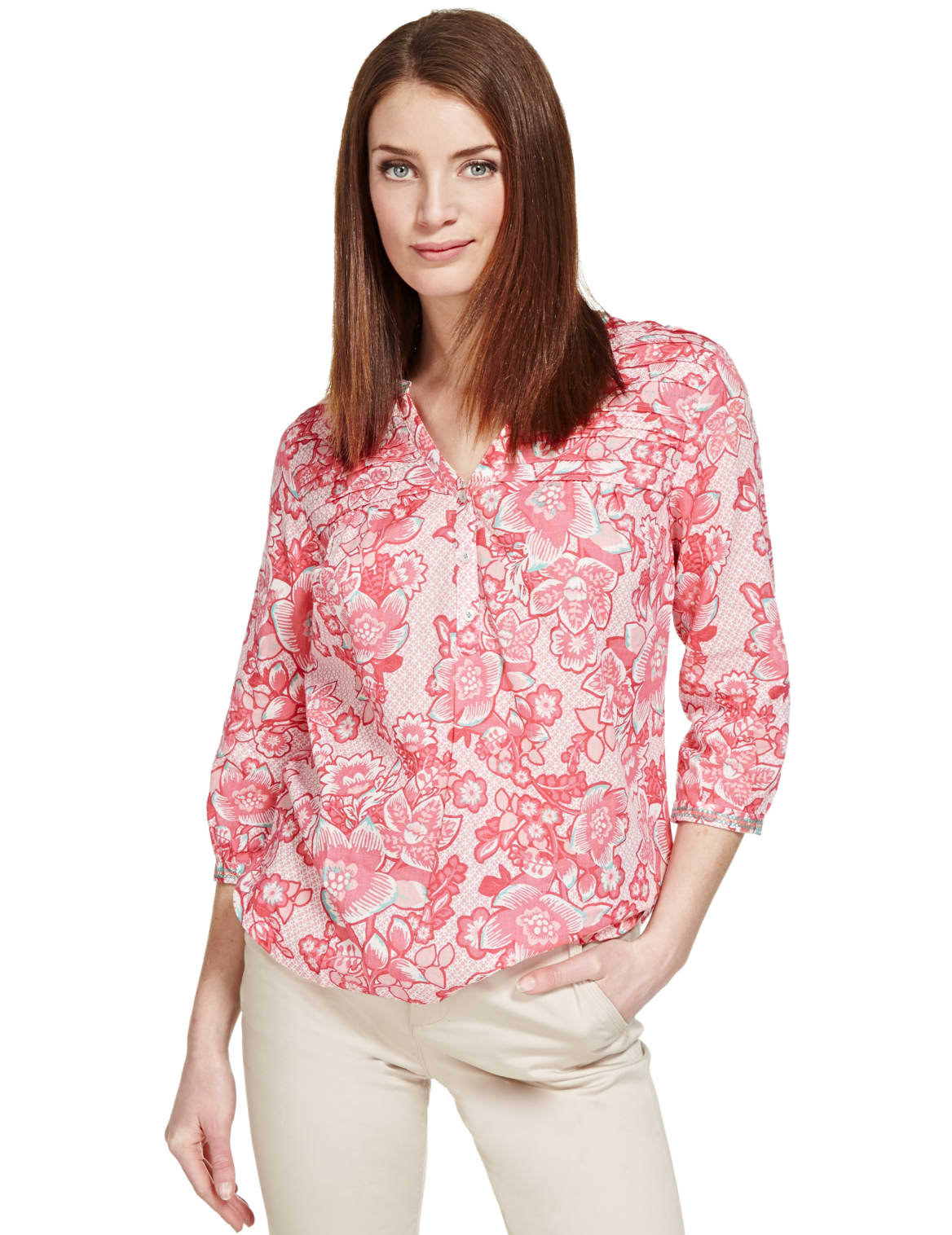 Linen Blend Floral Blouse Orange Mix Myvee