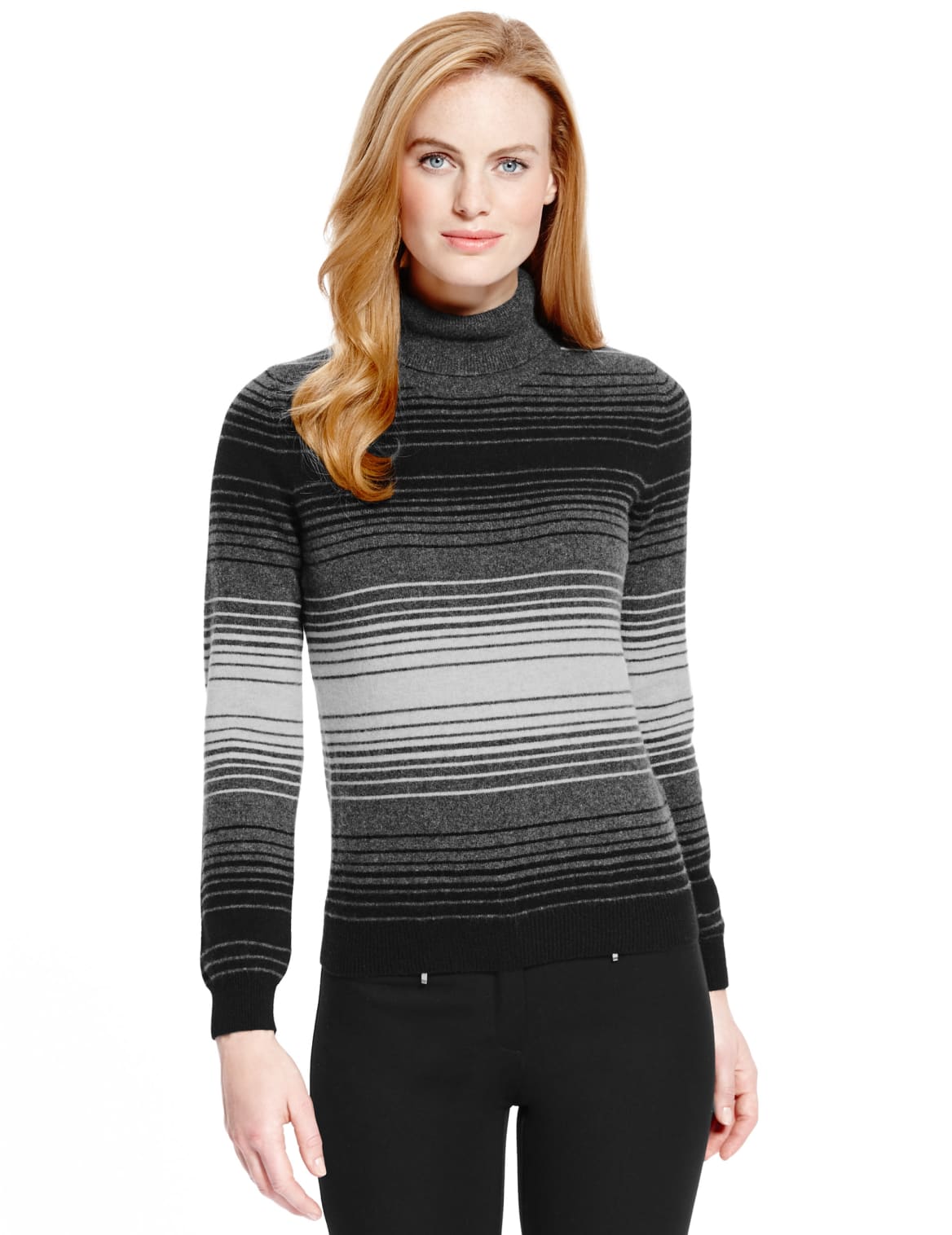 Pure Cashmere Polo Neck Striped Jumper Grey Mix Voova