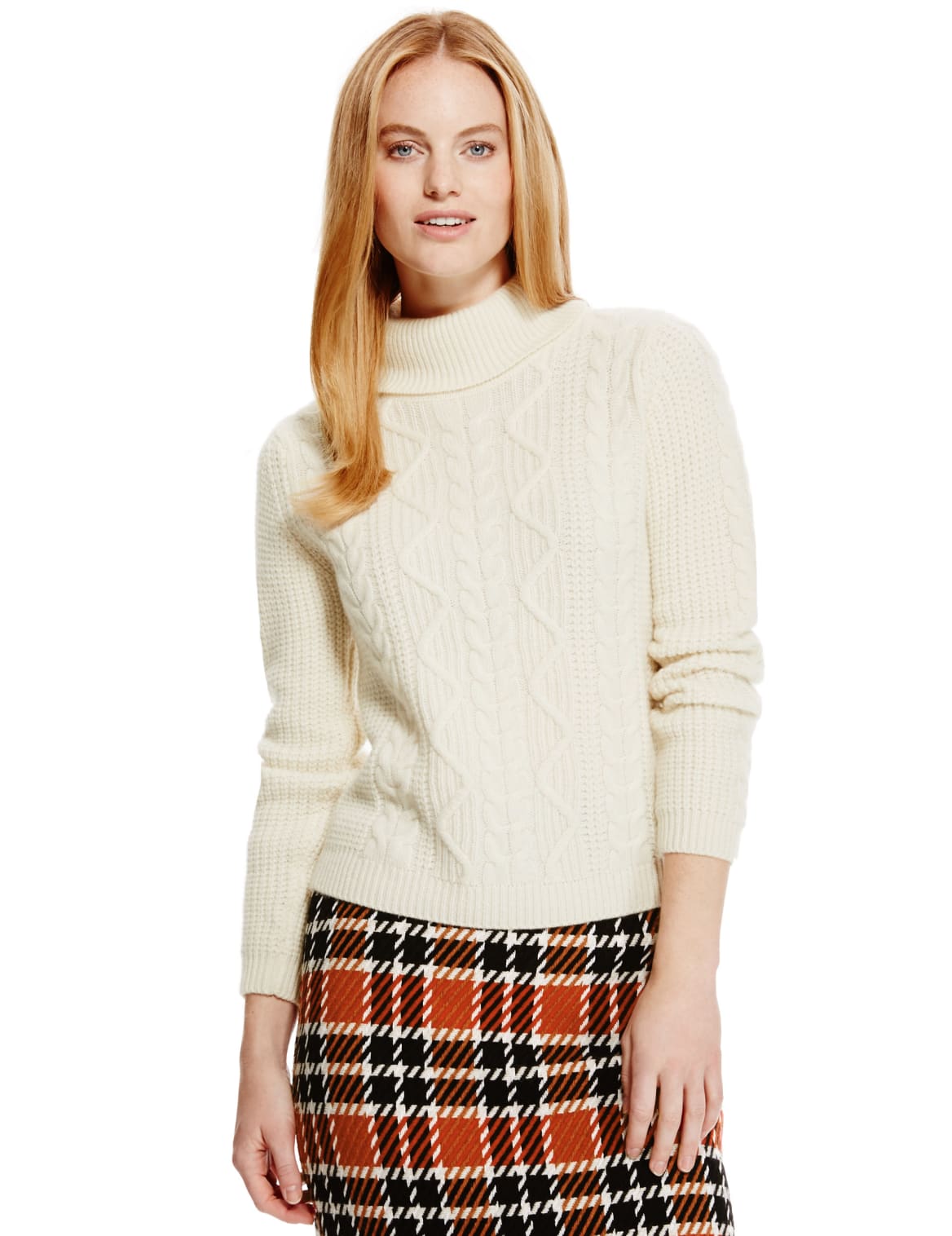 Pure Cashmere Cable Knit Polo Neck Jumper Cream Tanoodle