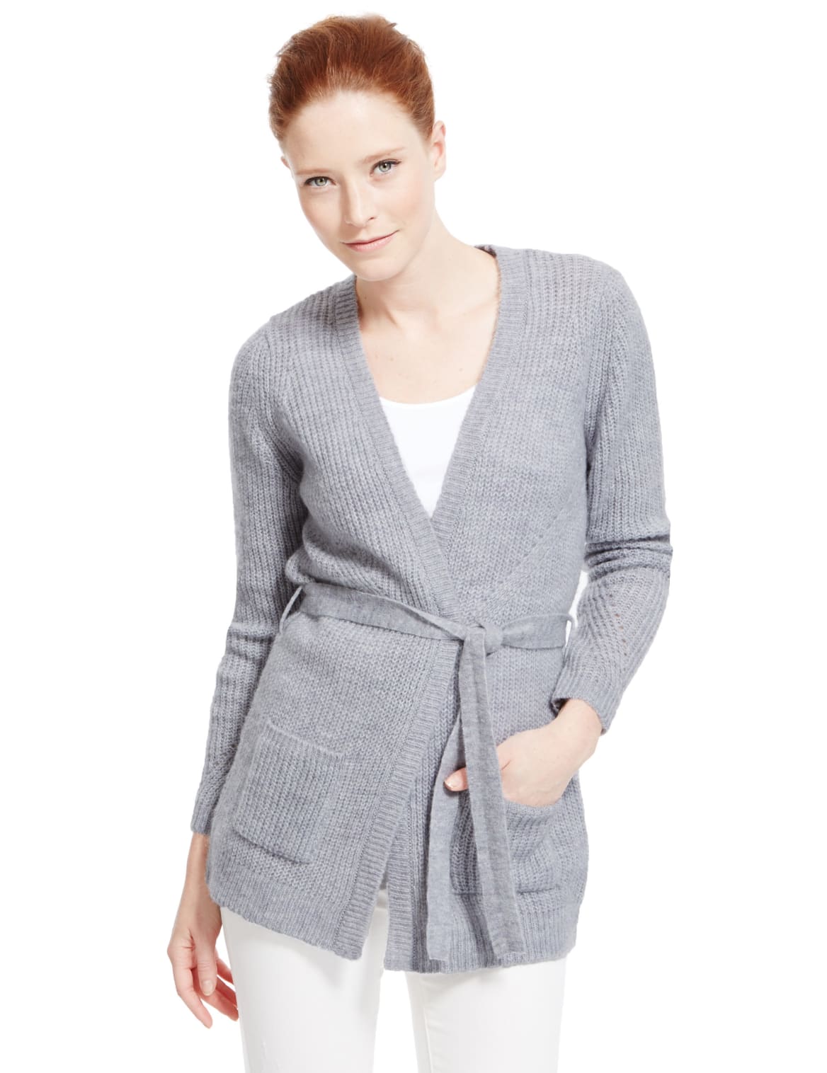 Open Front Belted Cardigan With Mohair Pewter Quilium