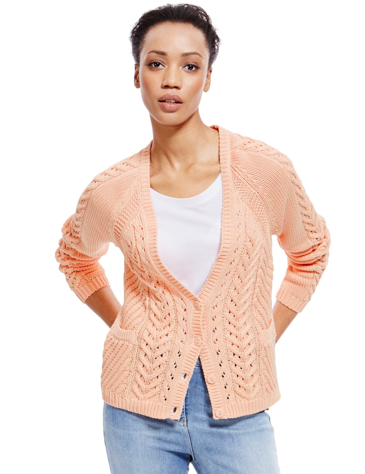 Pure Cotton Cable Knit Cardigan Coral Quilium