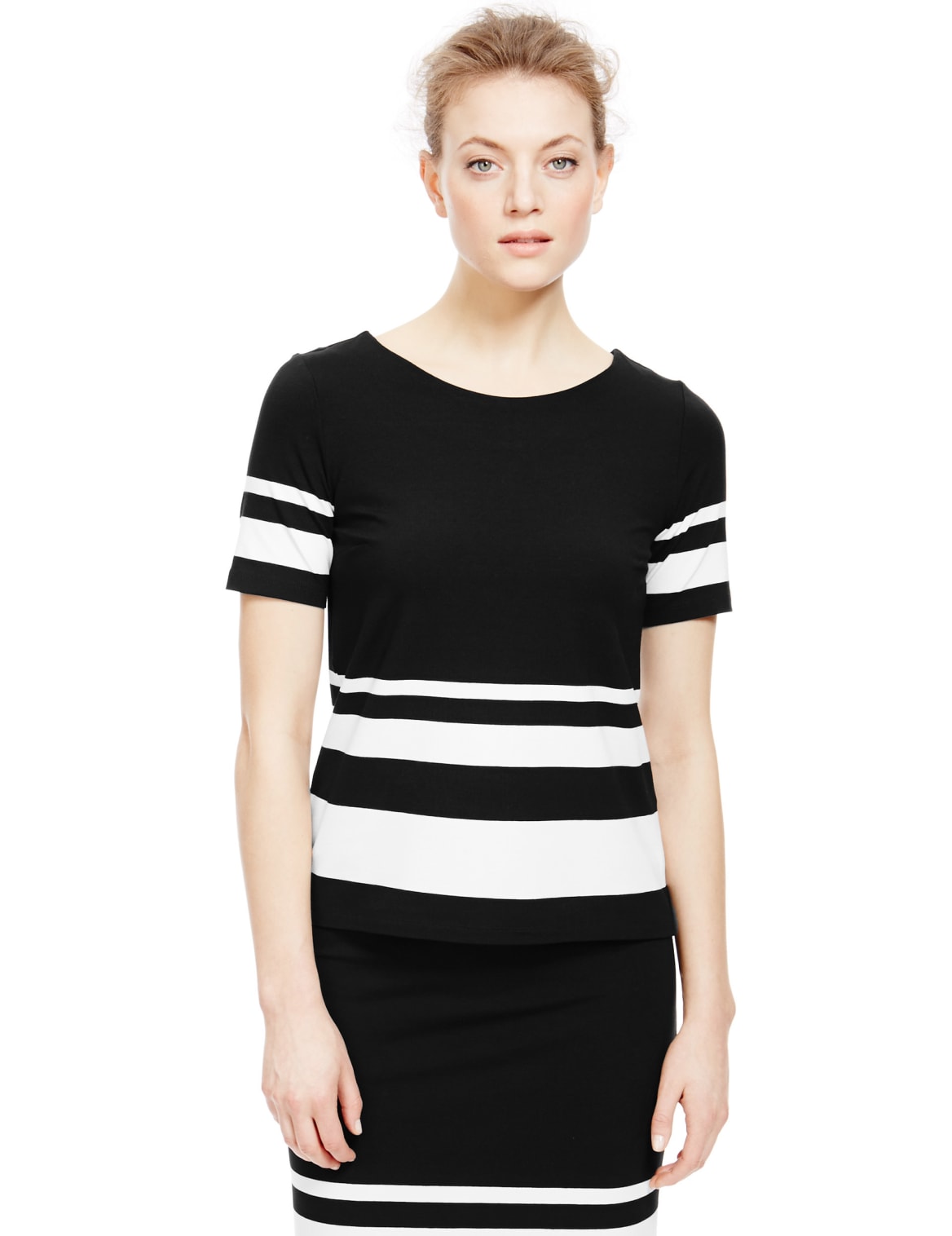 Short Sleeve Striped Shell Top Black Mix Photobridge
