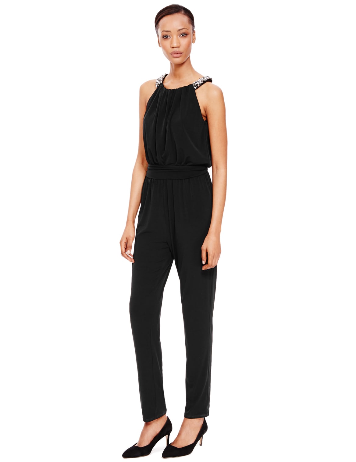 Bead Embellished Neckline Jumpsuit Black Quilium