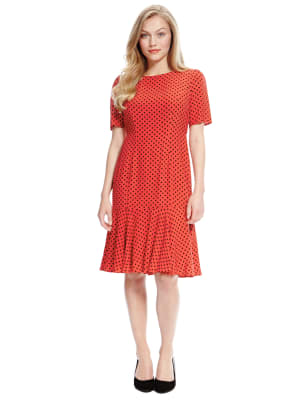 Red Mix Polka Dot Drop Waist Tea Dress