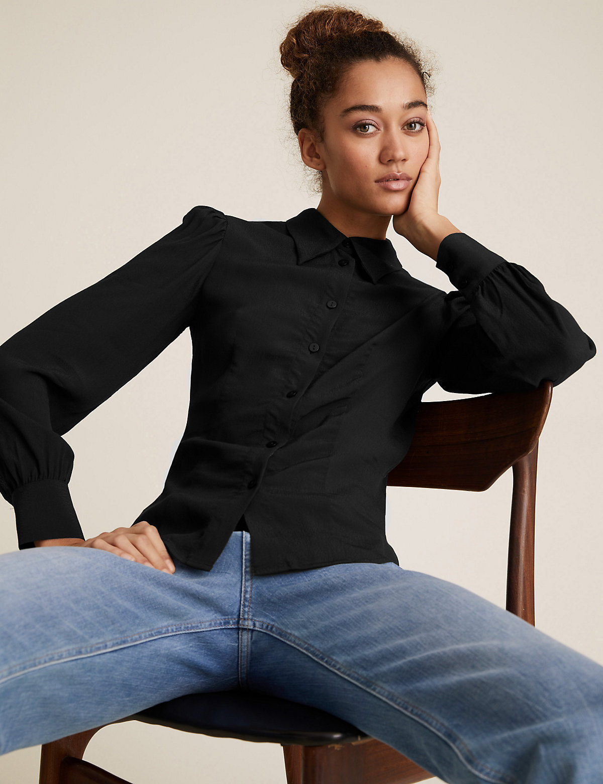 Блуза Marks & Spencer Приталенная рубашка с длинным рукавом из крепа, Marks&Spencer