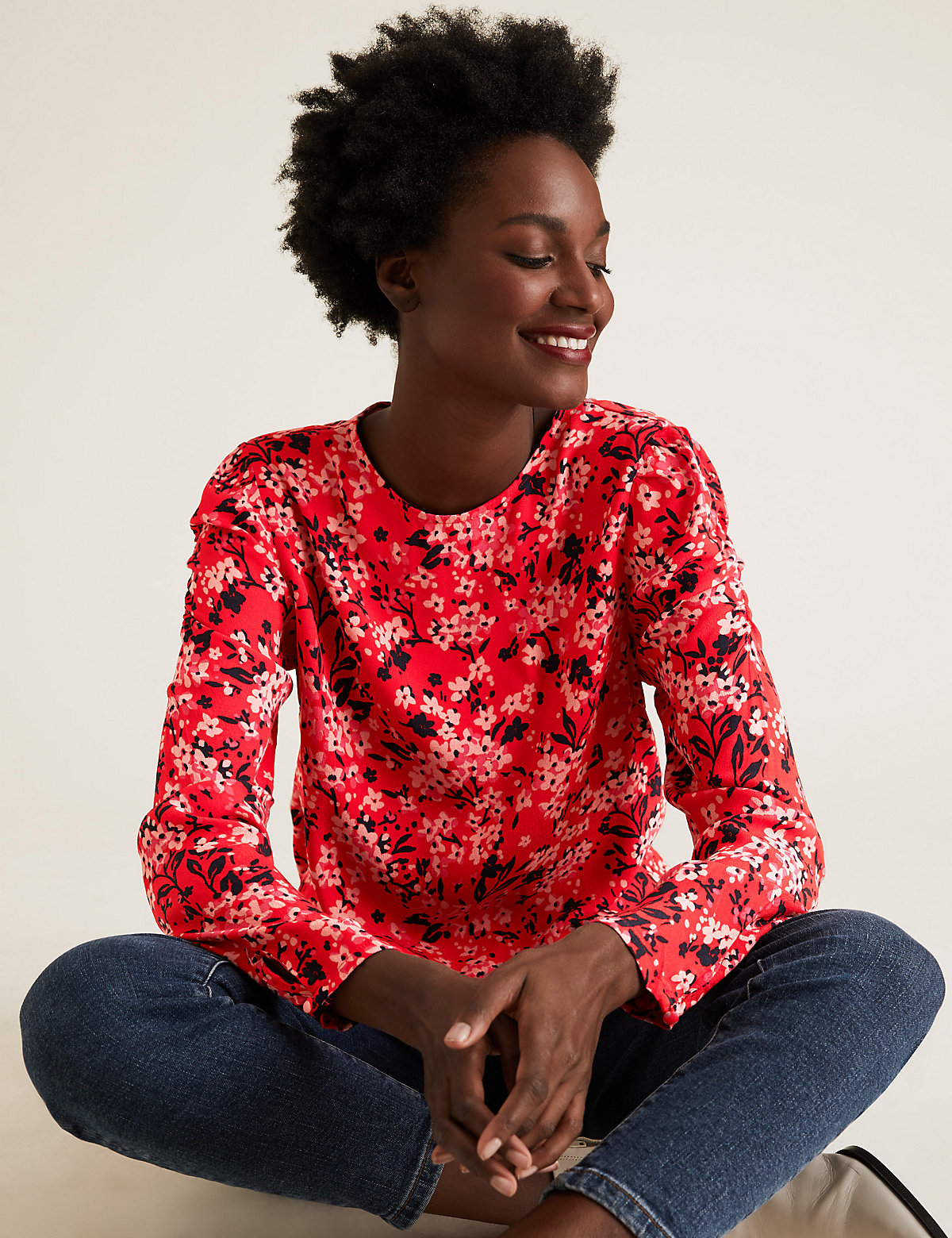 Блуза Marks & Spencer Блузка с объемными рукавами и круглым вырезом с цветочным принтом, Marks&Spencer