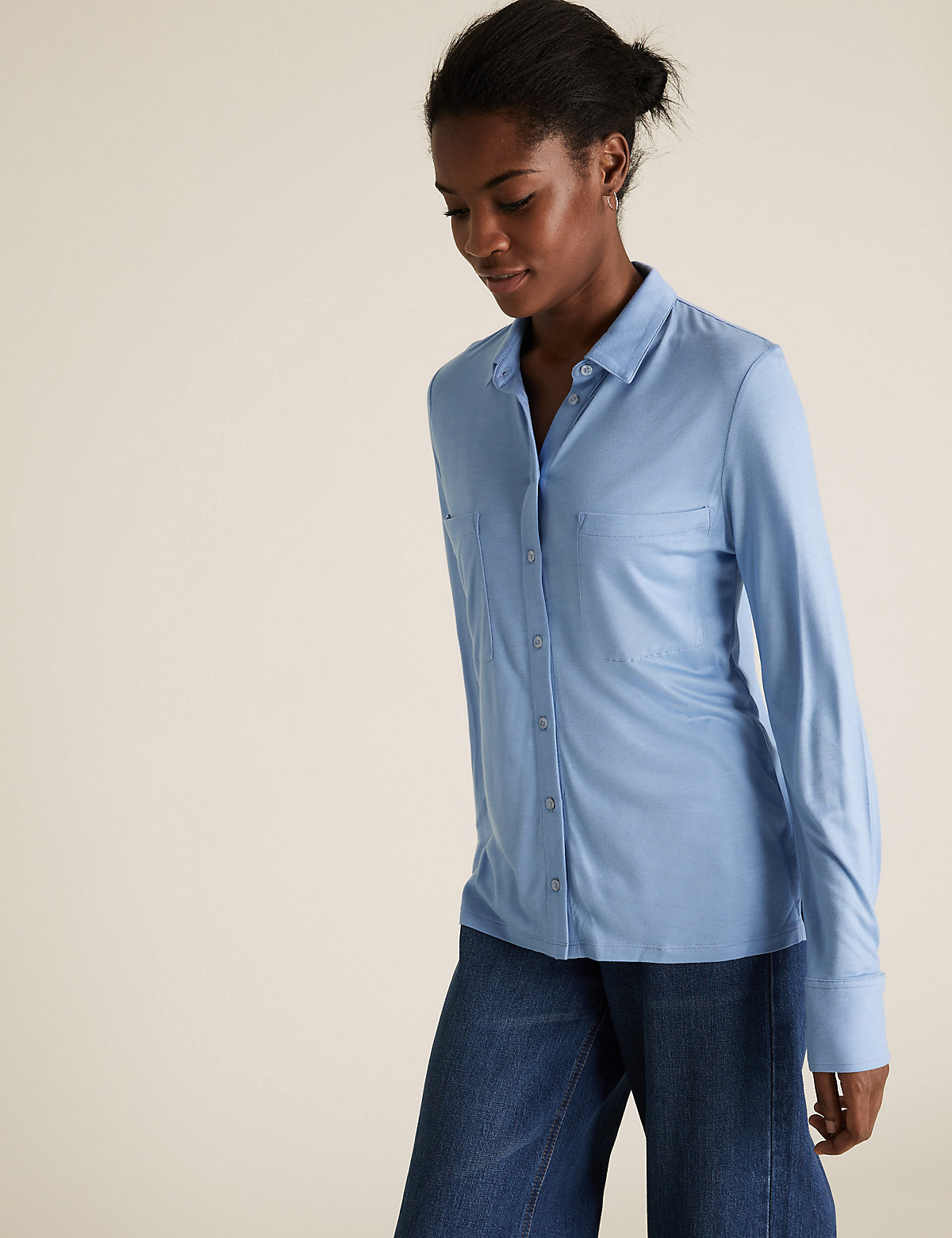 Блуза Marks & Spencer Рубашка из джерси стандартного кроя с длинным рукавом, Marks&Spencer