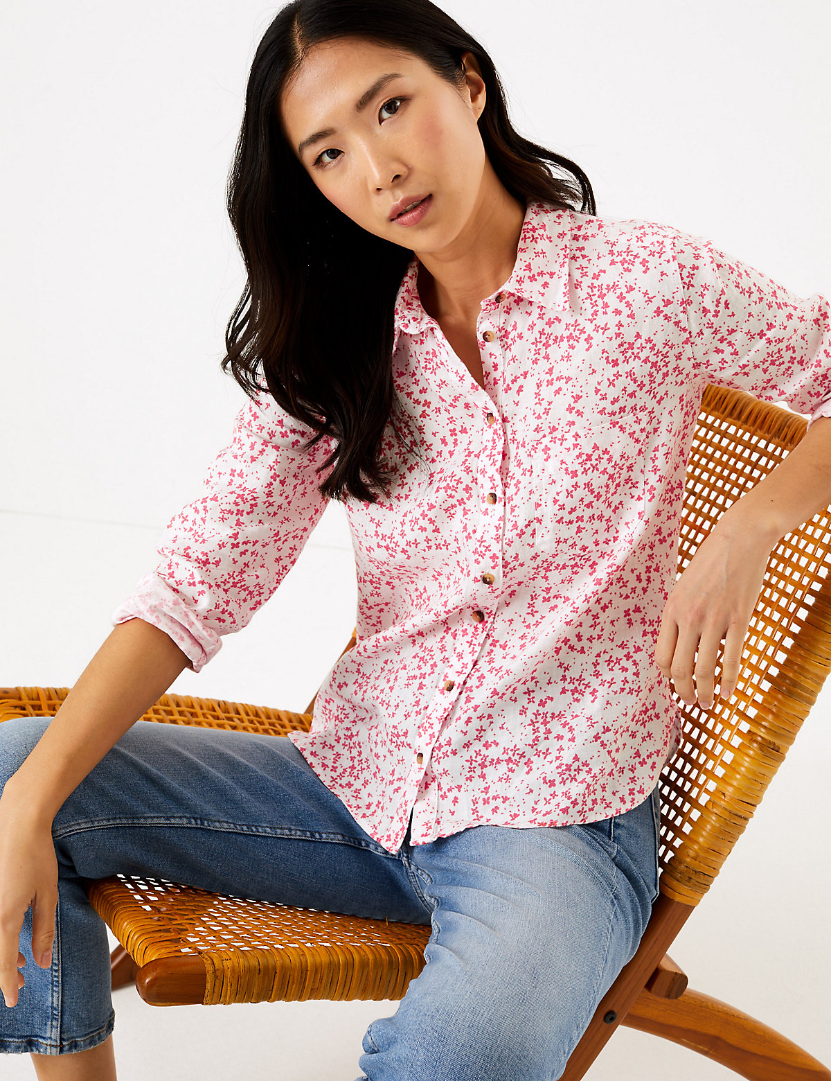 Блуза Marks & Spencer Рубашка с длинным рукавом из чистого льна с цветочным принтом, Marks&Spencer