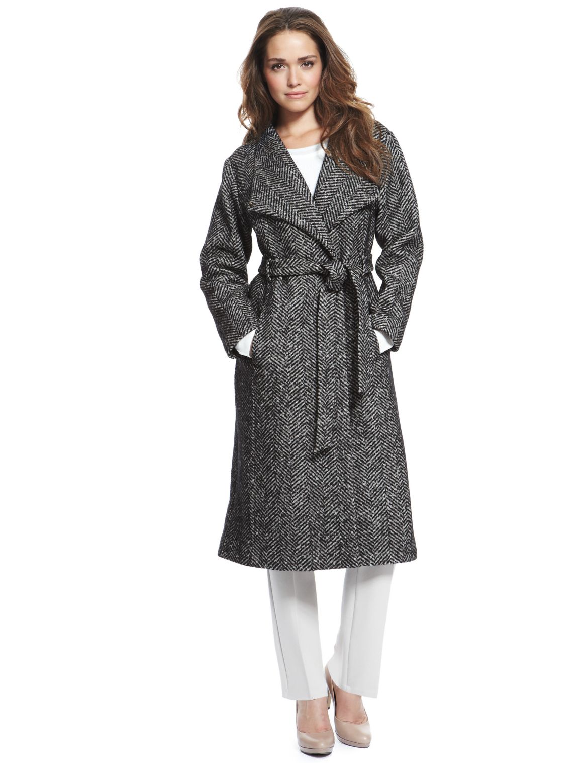 Wool Blend Herringbone Long Belted Double Breasted Coat With