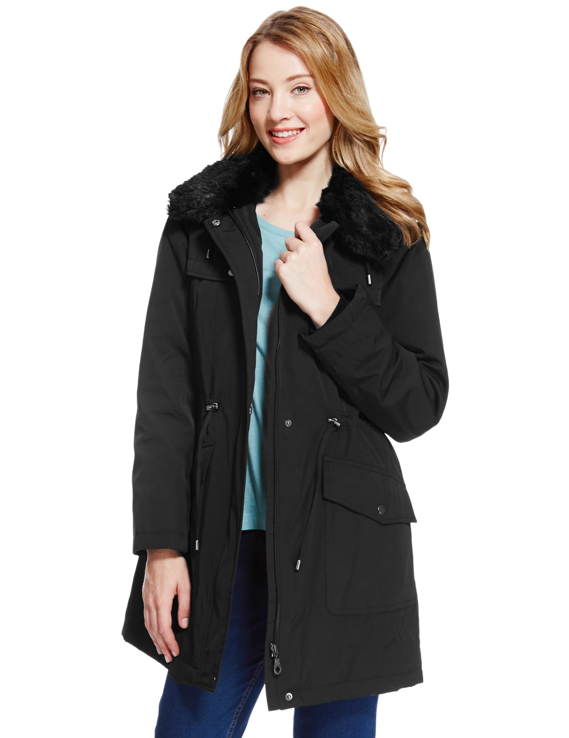 Faux Fur Hooded Parka With Stormwearâ ¢ Black Voova