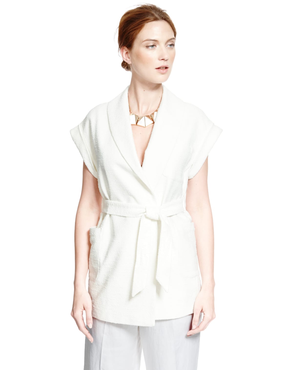Cotton Rich Shawl Collar Belted Kimono Cream Edgemix