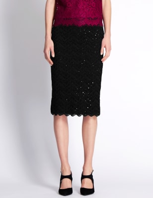 Geometric Sparkle Effect Lace Pencil Skirt