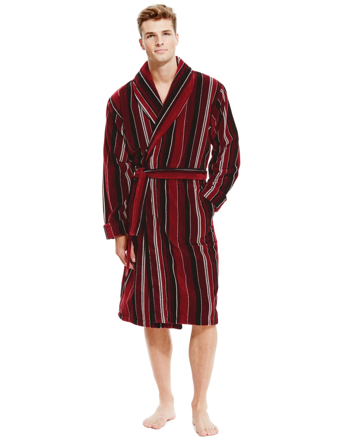 Cotton Rich Striped Velour Dressing Gown Burgundy Mix Skigen