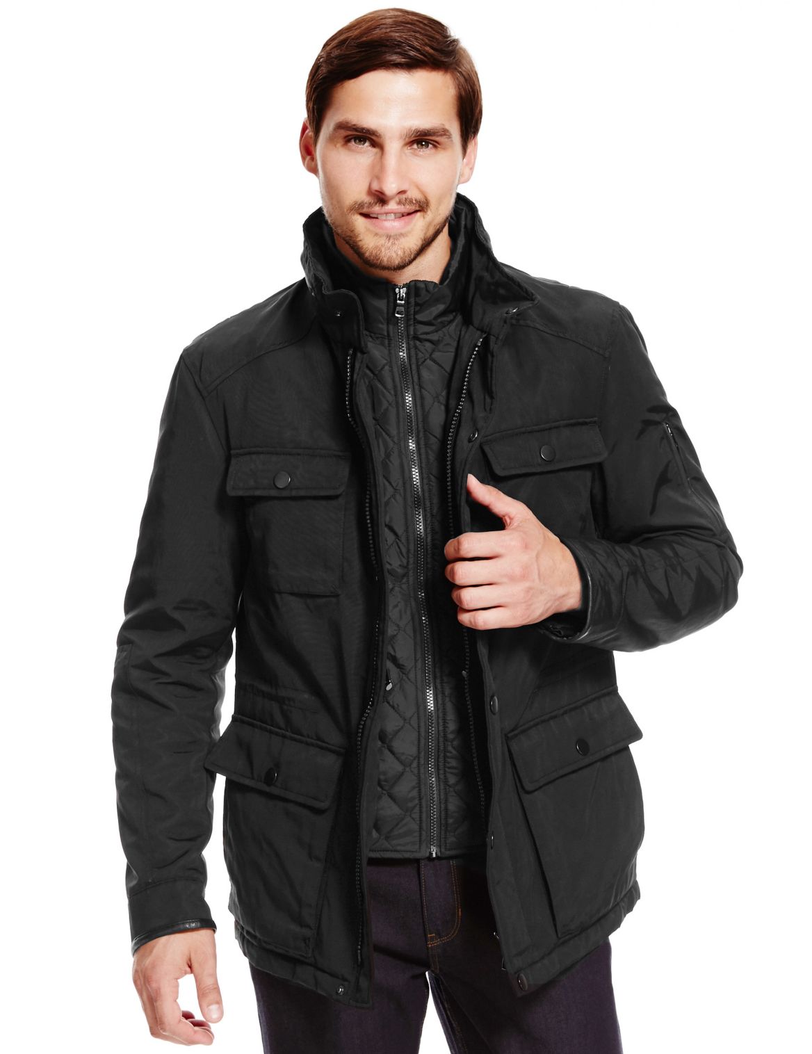 Lightly Padded 4 Pockets Leather Trim Military Jacket With Thinsulateâ