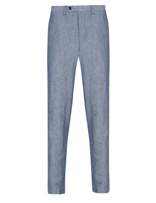 Blue Tailored Fit Flat Front Chinos with Linen