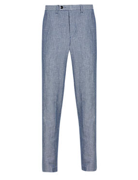 Blue Tailored Fit Flat Front Chinos with Linen