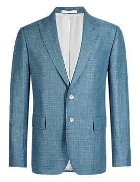 Aqua Linen Blend Tailored Fit 2 Button Textured Jacket with Wool