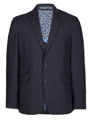 Navy Linen Blend Slim Fit 2 Button Jacket Clothing