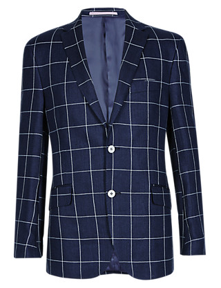 Linen Blend Tailored Fit 2 Button Windowpane Check Jacket Clothing