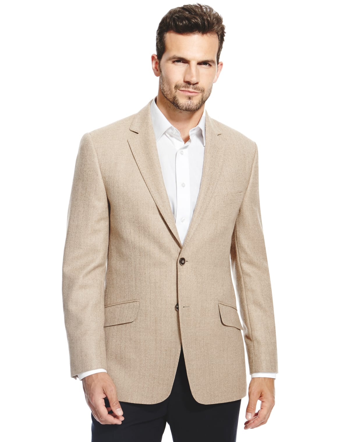 Luxury Pure Lambswool 2 Button Herringbone Jacket Light Brown Tanoodle