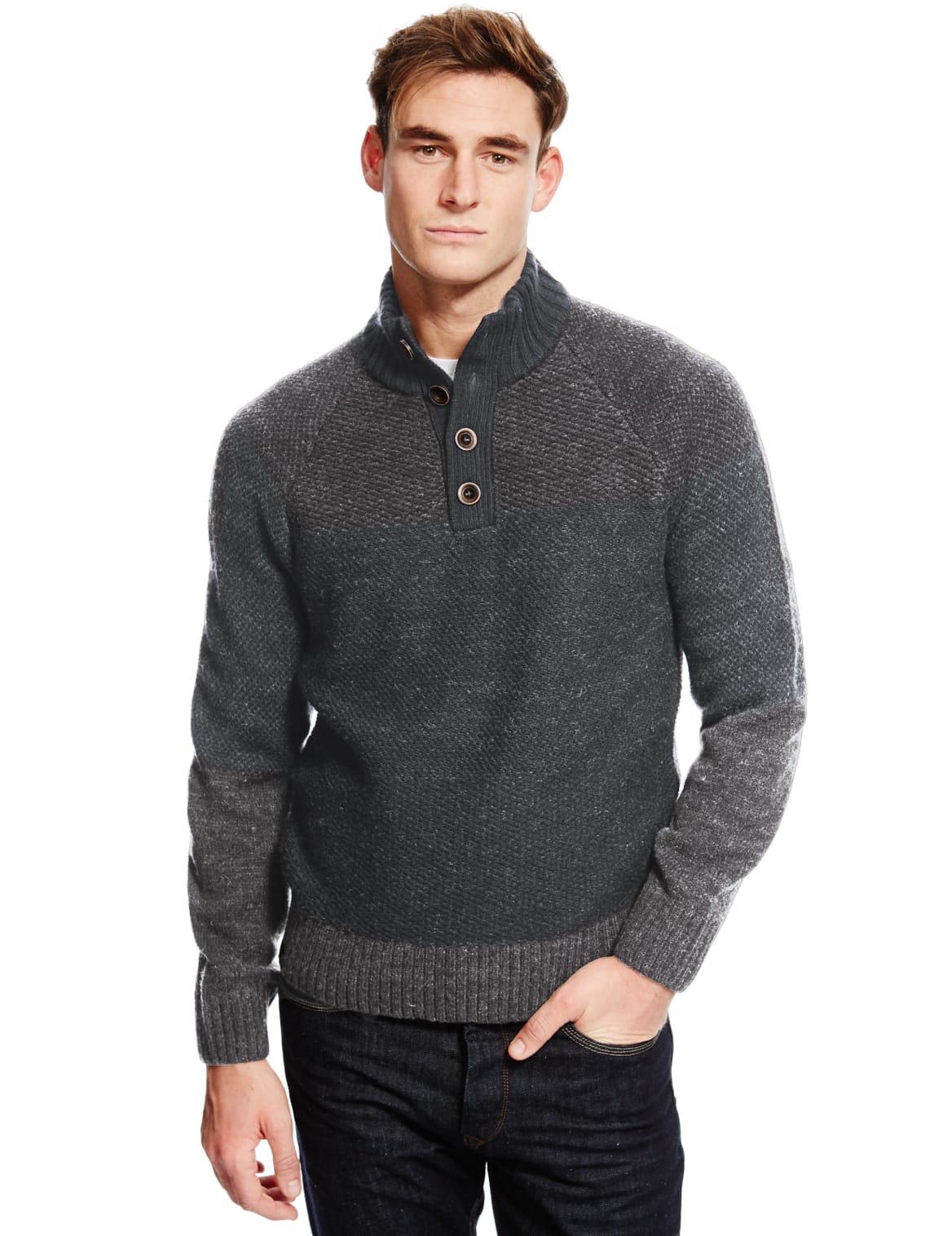 Button Neck Jumper With Wool Navy Mix Plape