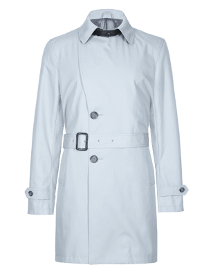 Grey Pure Cotton Tailored Fit Belted Raincoat