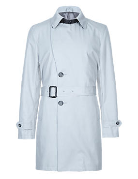 Grey Pure Cotton Tailored Fit Belted Raincoat
