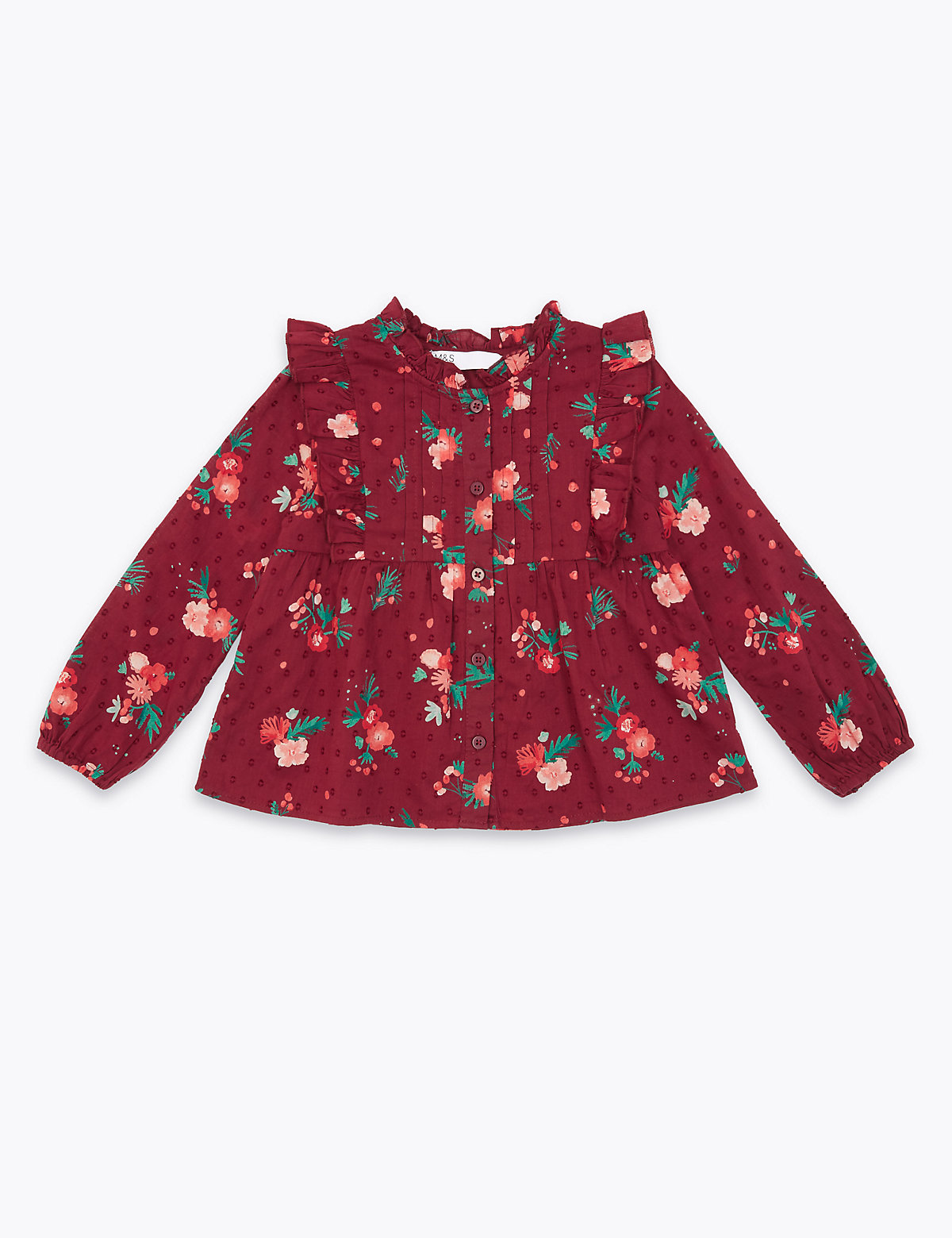 Хлопковая блузка в цветочек для девочек Marks & Spencer. Цвет: бордо