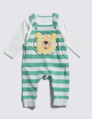 2 Piece Pure Cotton Lion Appliqué Dungaree & T-Shirt Outfit