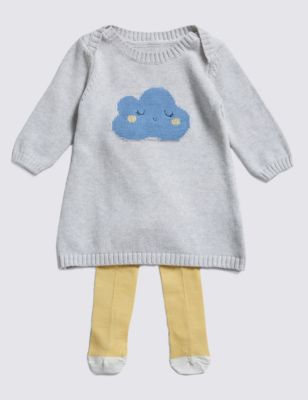 2 Piece Cotton Rich Knitted Cloud Dress & Tights Outfit
