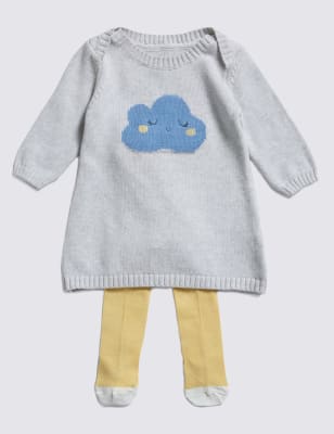 2 Piece Cotton Rich Knitted Cloud Dress & Tights Outfit