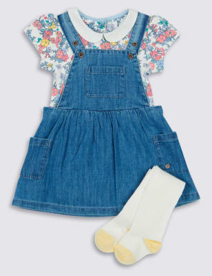 3 Piece Cotton Rich Denim Pinafore, Bodysuit & Tights Outfits