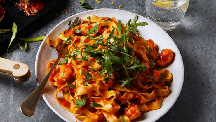 Papardelle with rose harissa black olive & capers recipe