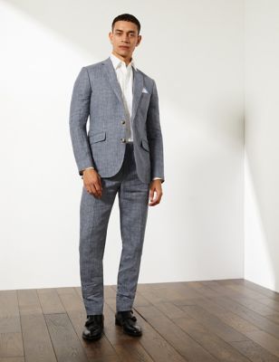 Slim Fit Pure Linen Gingham Check 2 Piece Suit