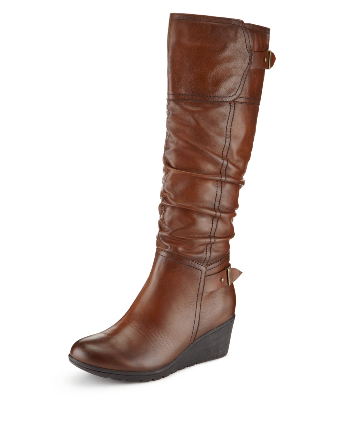 Leather Wedge Heel Knee Boots With Stretch Zip Tan | Voova