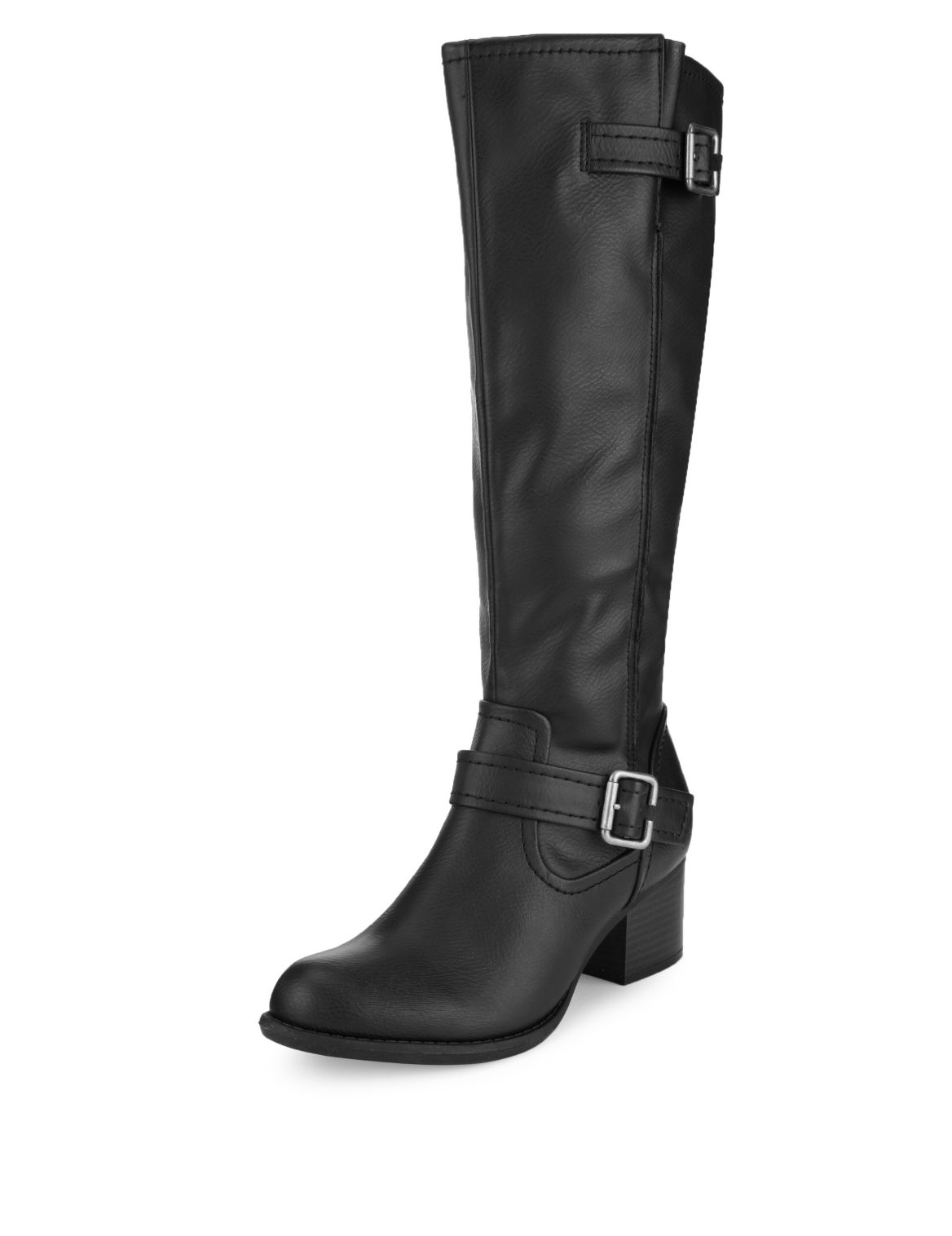Stretch Zip Block Heel Strap Knee Boots With InsoliaÂ® Black Mix | Eizzy