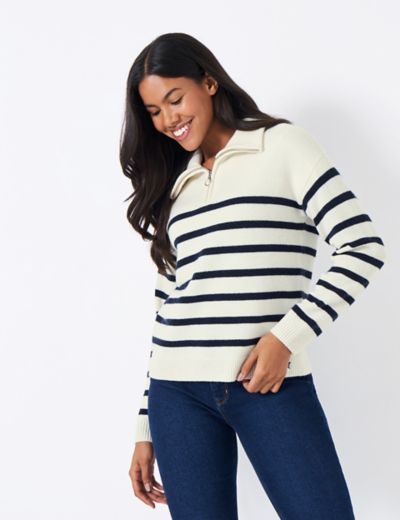 Striped Ribbed Half Zip Jumper with Wool | French Connection | M&S