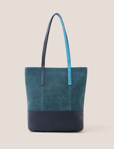 Navy Suede Tote with Green-Navy Twill Crossbody Strap Set