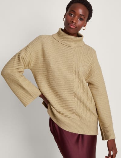 Sosandar Brown Wide Rib Knit 1/4 Zip Neck Longline Jumper