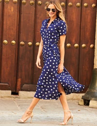 Polka Dot Short Sleeve Midi Shirt Dress | SOSANDAR | Mu0026S