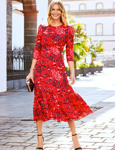 Marks and Spencer Floral Print Frill Sleeve Swing MIDI Dress M&S