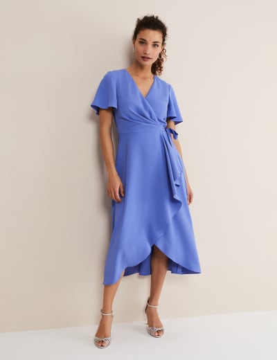 Satin Geometric V-Neck Midi Wrap Dress