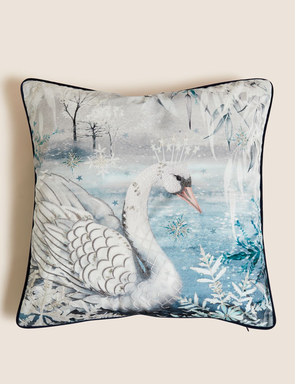 Velvet Swan Embellished Cushion