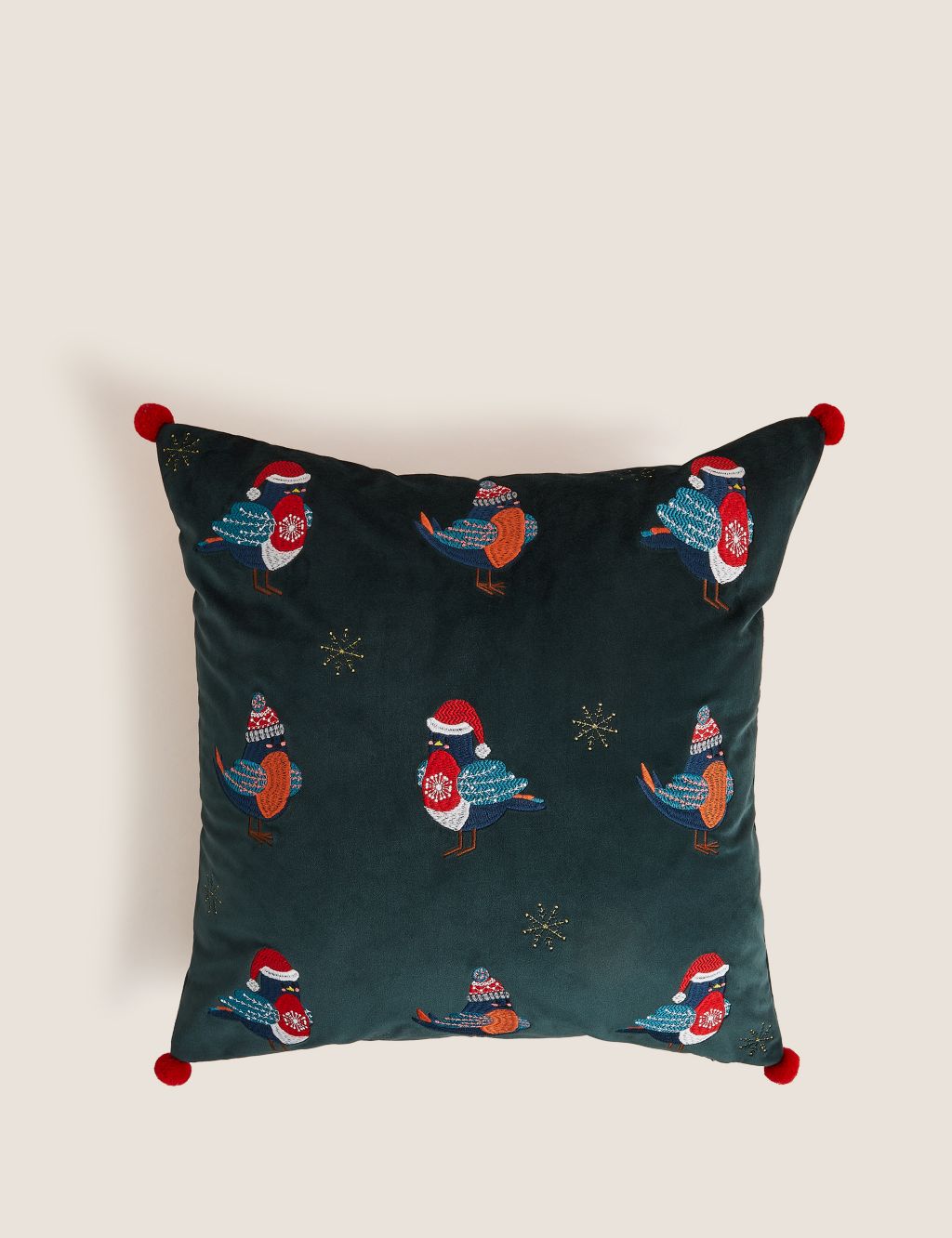 Velvet Robin Embroidered Cushion